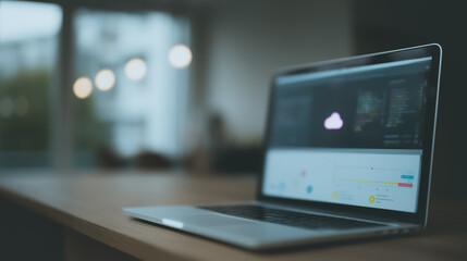 Wall Mural - tech setup: a sleek laptop on a wooden desk, displaying a cloud icon, signifies modern technology in