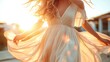 ©  zikakant - A woman twirls in a flowing dress, illuminated by the golden sunlight at sunset, creating a beautiful and ethereal ambiance filled with warmth and joy.