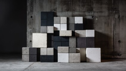 Poster - Arrangement of Concrete Blocks Against a Concrete Wall, Showcasing Construction and Material Innovation for Building and Real Estate Development Projects : Generative AI