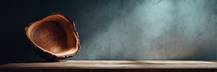 Aufkleber - Wooden Bowl on Rustic Table Against Textured Wall, Symbolizing Natural Beauty and Sustainable Living for Product Showcase and Interior Design : Generative AI