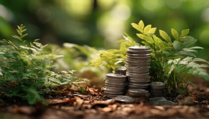 Poster - Stacks of Coins Growing Amongst Green Plants, Representing Financial Growth and Sustainable Investment Opportunities for a Better Future : Generative AI