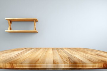 Poster - Wooden Table and Shelf Against Gray Wall, Ideal for Product Mockups and Interior Design Presentations, Offering a Minimalist and Modern Aesthetic : Generative AI