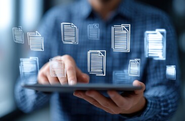 Poster - Man Using Tablet Surrounded by Floating Document Icons, Representing Data Management and Digital Transformation in Business : Generative AI