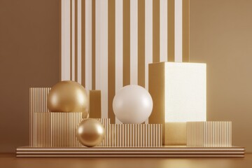 Aufkleber - Golden Sphere and Cuboid Arrangement on Striped Platform, Ideal for Product Mockup and Luxury Branding Presentation : Generative AI