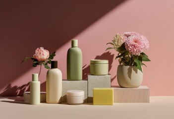 Aufkleber - Elegant Cosmetic Product Display With Flowers on Pink Backdrop, Promoting Beauty and Self-Care for Wellness and Lifestyle Brands : Generative AI