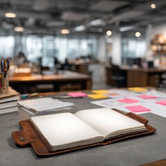 Aufkleber - Open Notebook on Desk in Modern Office Space, Illustrating Business Planning and Creative Collaboration for Corporate Productivity and Innovation : Generative AI