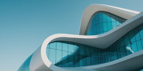 Poster - Futuristic Architecture With Glass Facade Against Blue Sky, Showcasing Modern Innovation and Corporate Identity for Urban Development Projects : Generative AI
