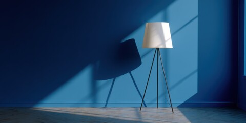 Poster - Minimalist Living Room with Blue Wall and Modern Lamp, Evoking Tranquility and Interior Design Inspiration : Generative AI