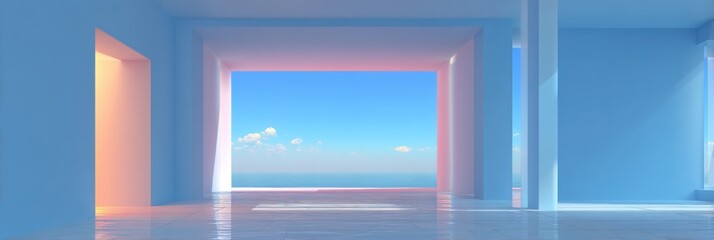 Poster - Minimalist Interior With Sea View Through Openings, Showcasing Architectural Innovation and Serene Ambience, Ideal for Real Estate Marketing and Relaxation Concepts : Generative AI