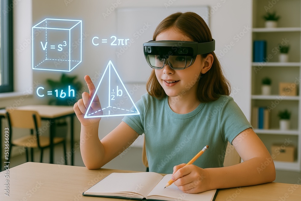 Ar Math Learning In Classroom Young Girl Using Ar Headset Learning