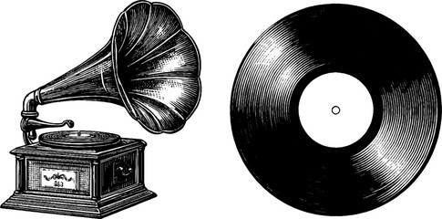 Wall Mural - Vintage gramophone and vinyl record engraved illustration for retro music design