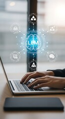 llm technology concept represented by user working on laptop with digital interface display
