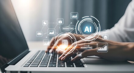 Person working on laptop with artificial intelligence marketing technology interface