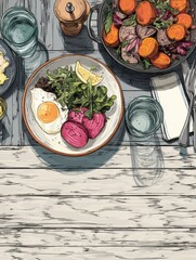 Aufkleber - Plant-based Meal Displayed on a Rustic Table Featuring Vibrant Ingredients and an Inviting Atmosphere