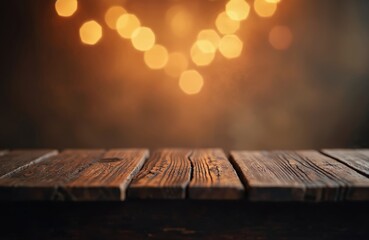 Aufkleber - Rustic wooden table with blurred bokeh background. Brown dark wood surface with grain texture. Empty product display table backdrop. Ideal for product presentation. Warm cozy holiday scene, festive