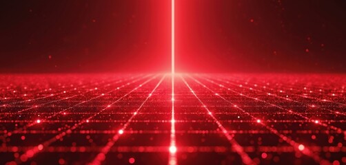 Poster - Futuristic digital landscape with red grid lines. Abstract modern tech background with neon light. Digital network, data flow, cyberspace concept. Cyberpunk illustration, perfect for business,