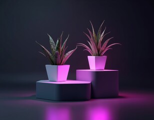 Poster - Modern cube podiums hold plants with soft lighting. Dark background gives futuristic art vibe. Minimalist design, aesthetic home interior, interior design inspiration.