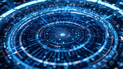 AI-driven digital grid with binary code transforming into rotating holographic rings