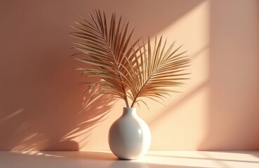 Aufkleber - Dried palm leaves in vase, shadows on wall. Warm sunlight enhances neutral tones, creating minimalist elegant aesthetic. Interior design, home decor, lifestyle photo.