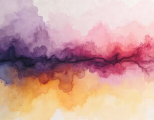 Aufkleber - Abstract ink watercolor painting. Hand-drawn smoke flow stain blot on wet paper texture background with violet pink yellow colors. Perfect for decor design, art, wall, poster, banner.