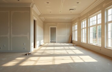 Poster - Interior new home construction, drywall finish. Empty room with natural sunlight from windows. Residential apartment design under repair, renovation work in progress. Architecture with construction