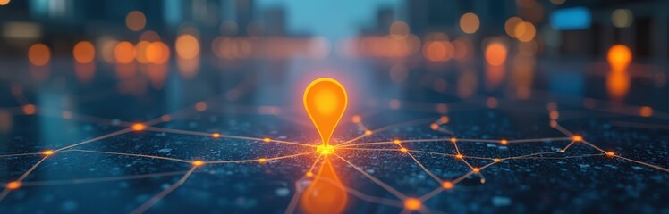 Poster - GPS navigation location pin on digital map. Orange location marker with network connections, AI tech concept for delivery service, automated transport, future logistics.