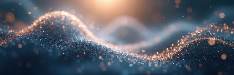 Poster - Abstract illustration with shiny light, bokeh, glitter, de focused. Golden white blue bokeh glitter sparkle background. Light effect creative background. Digital design for tech, business, science,