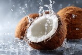 Fresh coconut halves with water splashes.