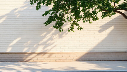 white brick wall and tree under sunlight. Minimalistic light background