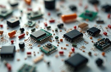 Fototapete - Scattered electronic components. Resistors, capacitors, transistors, microchips, diodes, integrated circuits. Tech, computing, microelectronics, hardware, engineering, electrical design, digital
