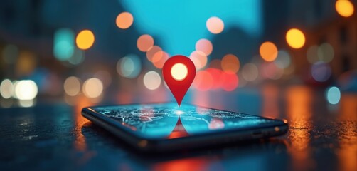 Fototapete - Smartphone screen shows map with navigation pin. App concept, gps tracker, real time positioning, location finder tech for traveling, transportation. Digital world, innovation.