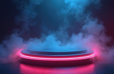 Poster - Futuristic round podium with neon lights and dramatic smoke. Perfect for product presentation or advertising. The stage is ideal for showcasing goods. Minimalist design offers focus on product.