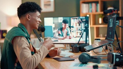 Poster - Man, influencer and coffee break with laptop, screen and production for editing video or review. Monitor, tech or smile for content creation, broadcast or freelancer in house for social media podcast