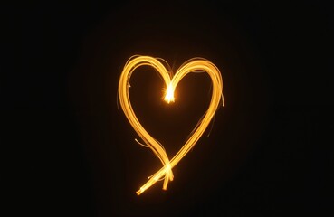 Leinwandbilder - Light painting heart shape in dark background with yellow lights. Romantic symbol of love, drawn by gold neon lights. Perfect for Valentine Day cards, wedding invitation, celebration of affection.