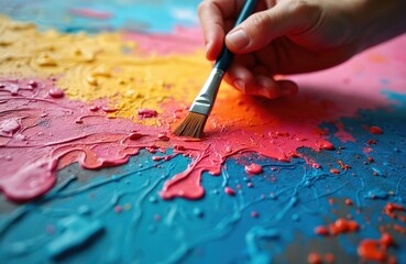 Poster - Close-up image of artist brush painting on canvas, featuring vibrant color palette, texture. Hand with brush creates colorful artwork, art process, drawing details. Creative work, artistic