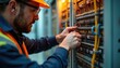 © Vadym - Technician connecting grounding system inside company electrical room. Close-up of wiring, precise measurements, ensuring optimal lightning protection. Man wearing safety glasses, orange hard hat,