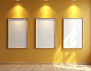 Aufkleber - Three blank frames on mustard yellow wall with wooden floor. Gallery mockup space for art, photo, posters, prints. Modern interior design, gallery presentation.
