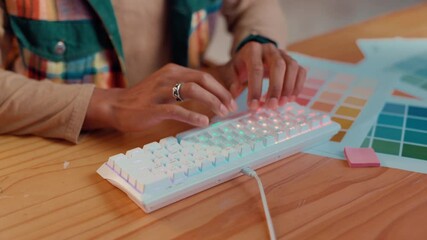 Aufkleber - Color swatch, hands and typing on keyboard in office, software navigation or online for creativity. Closeup, person and graphic designer with technology for startup business, design agency or palette
