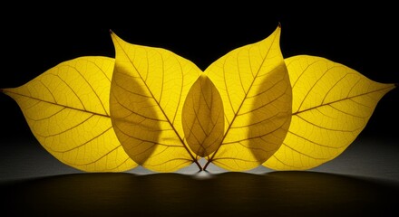 Wall Mural - golden leaves trio - three backlit yellow leaves arranged symmetrically against a black background. 