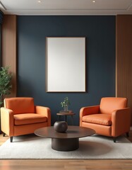 Fototapete - Modern office interior features orange armchairs, wooden coffee table, framed mockup art. Interior design concept. Minimalist stylish living room apartment. Empty art canvas on wall for design