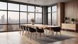 © PakistanGaming - Modern dining room with large empty wall on the left, wooden furniture, and wide windows overlooking a cityscape,, created with generative ai