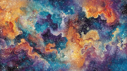  Cosmic swirls of vibrant blues, oranges, and purples, speckled with glittering stars, evoke a celestial nebula