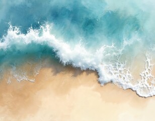 Aufkleber - Watercolor illustration blue ocean, white wave crests, sand beach. Summer vacation travel theme. Abstract background for textures wallpaper. Fresh, cheerful, relaxing atmosphere with positive tones.