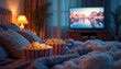 © miss irine - Cozy night home concept. Comfortable bed, fluffy blankets, popcorn, TV. Evening relaxation, watching film, movie night, leisure time, casual atmosphere. Home entertainment, movie, snack, enjoyment,