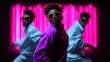 ©  zikakant - An energetic dancer in stylish attire showcases a vibrant performance illuminated by neon lights, embodying rhythm, confidence, and dynamic artistic expression.