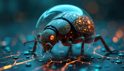 Fototapete - Futuristic illustration AI-assisted bug detection tool for software development. Digital bug inside glass bubble inspects code for errors. AI software debugging, optimization, efficiency, cloud tech