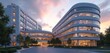 © Vadym - Modern corporate hospital campus exterior at sunset. Building facade with glass windows reflects warm light. Medical center provides healthcare services. Commercial architecture design. Healthcare,