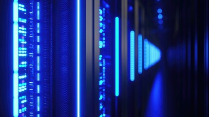 Poster - High-tech hallway of glowing blue server racks in a dark data center, ideal for cloud technology, secure computing environments, or IT infrastructure illustrations