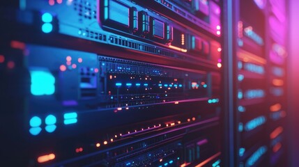 Poster - Close-up of vibrant illuminated server components with glowing circuits in a modern data center, ideal for AI processing, cloud infrastructure, or futuristic tech illustrations