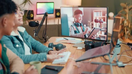 Poster - People, influencer and editing with screen, laptop and production for video review. Monitor, platform and discussion for content creation, broadcast or freelancer in house for social media podcast